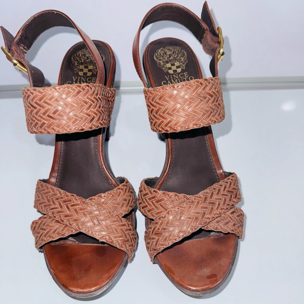 Vince Camuto Sandal Platform Heels - Braided Brown Leather - Size 9